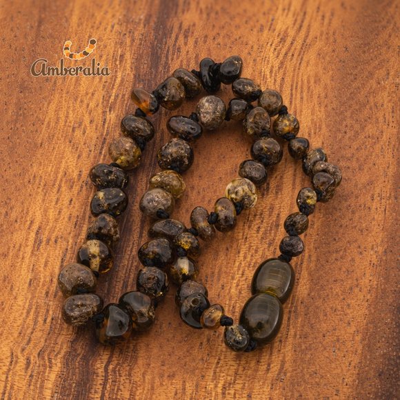 Baby Baltic Amber teething necklace and adjustable bracelet set-  Dark Green - - Picture 11 of 16